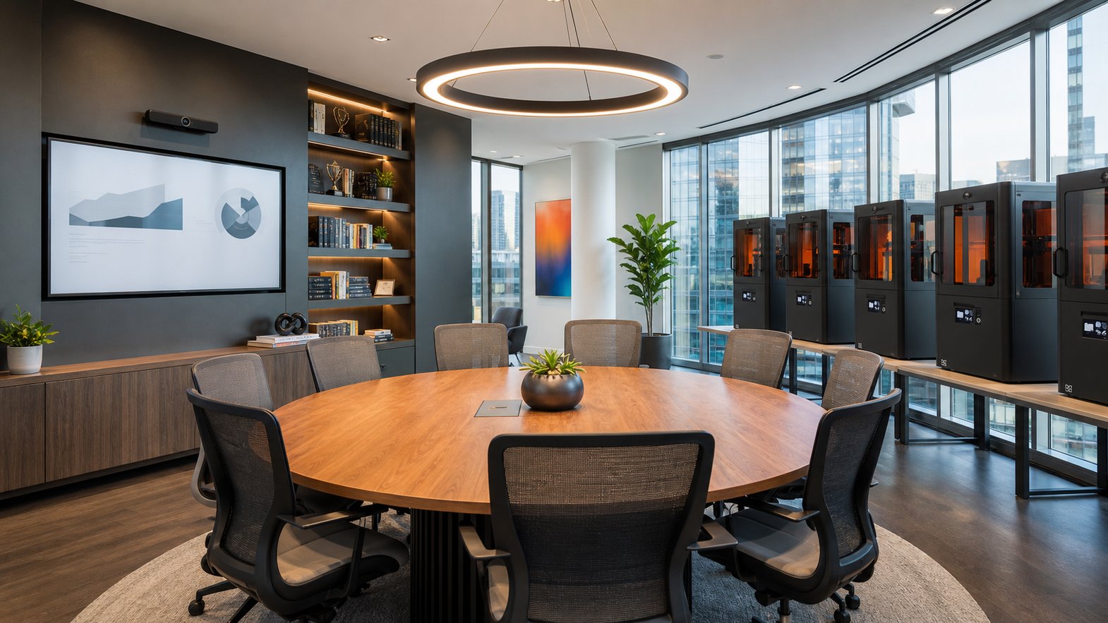 Modern Office Conference Room with Cityscape View and Additive Manufacturing Art